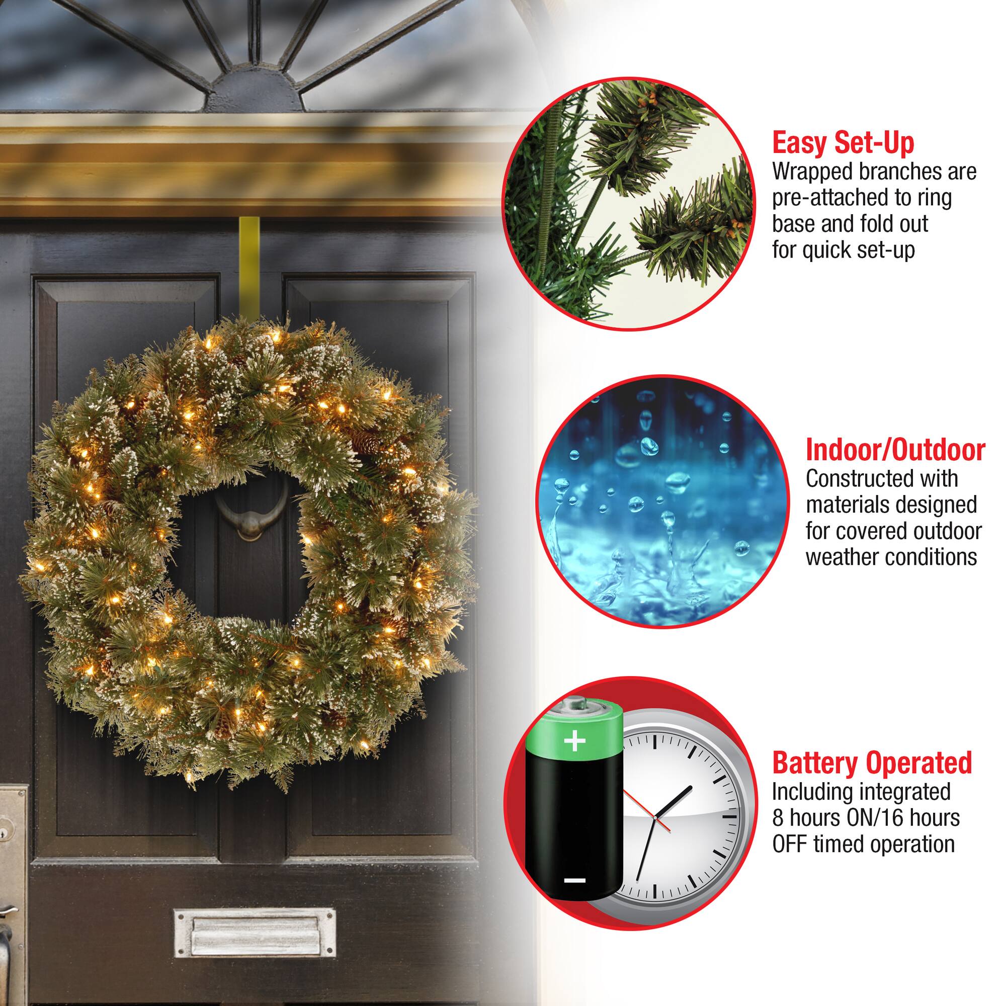 24" Glittery Bristle® Pine Wreath with Pine Cones & Warm White LED Lights